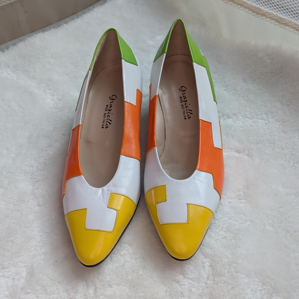 Vintage 7.5 Colorful Italian Leather Patchwork Puzzle Piece Kitten Heels